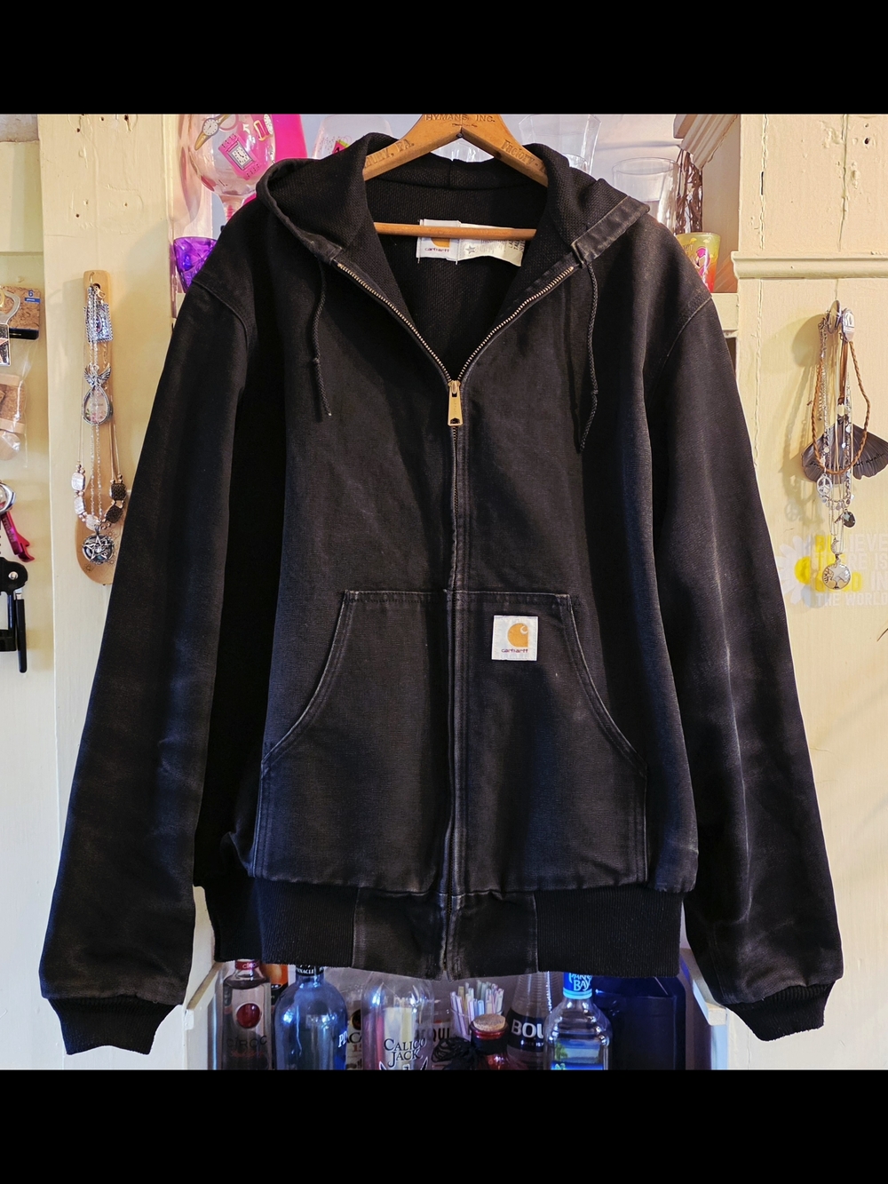 Carhartt Black Canvas Hooded Jacket Large Tall JR115 USA Vintage 1995 Clean EUC